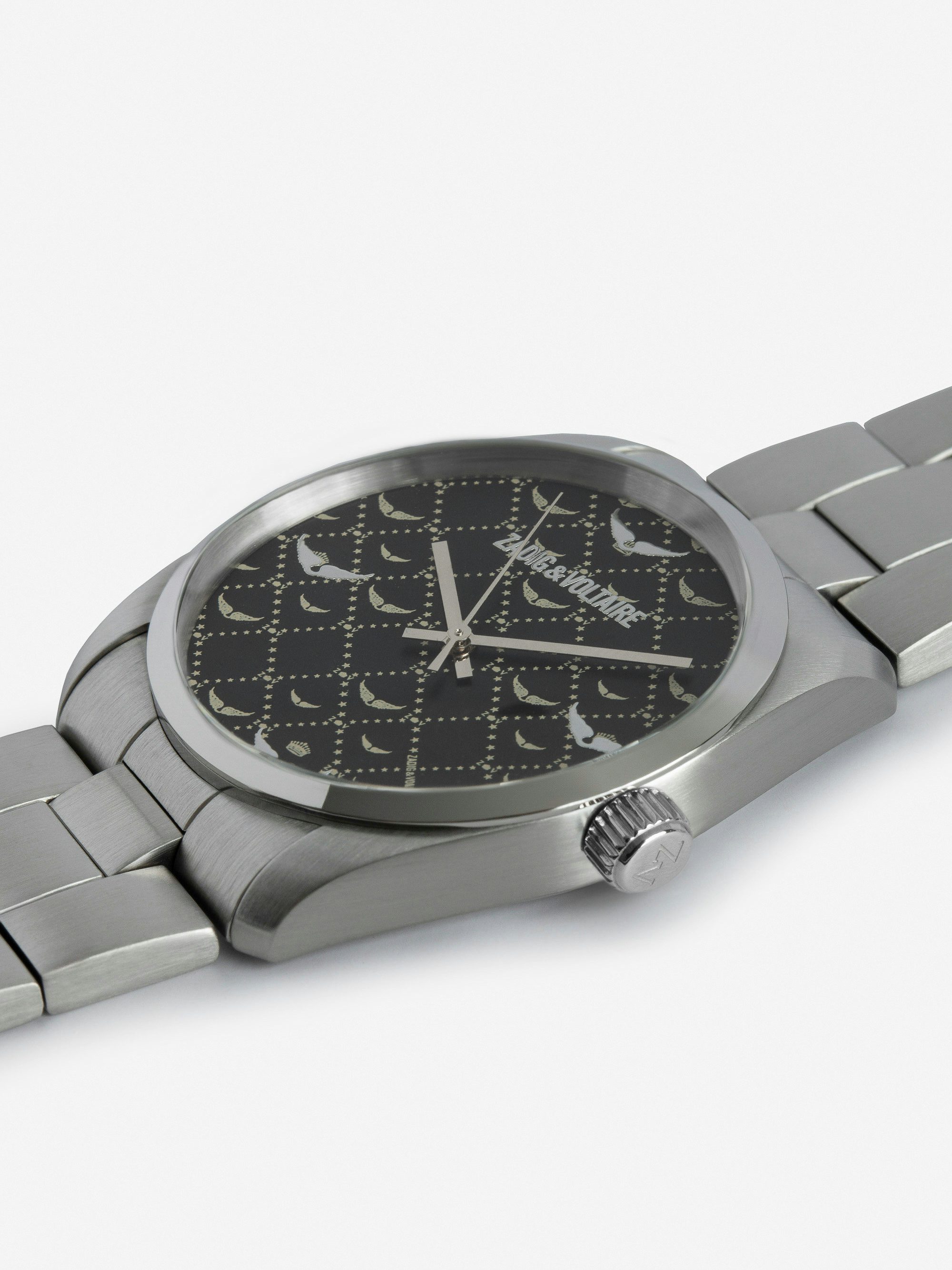 Zadig Monogram Watch - Gray stainless steel watch with black monogram pattern dial.